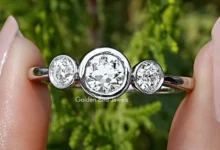 Moissanite and three stone rings by Golden Bird Jewels