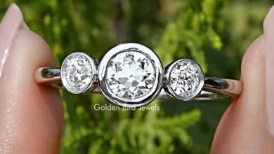 Moissanite and three stone rings by Golden Bird Jewels