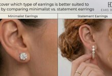 Comparison of minimalist diamond solitaire stud earring vs statement bezel-set diamond drop earring worn on two models